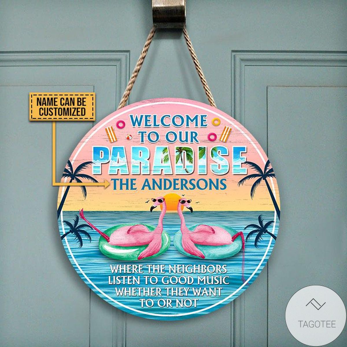 Personalized Flamingo Welcome To Our Paradise Wood Circle Sign
