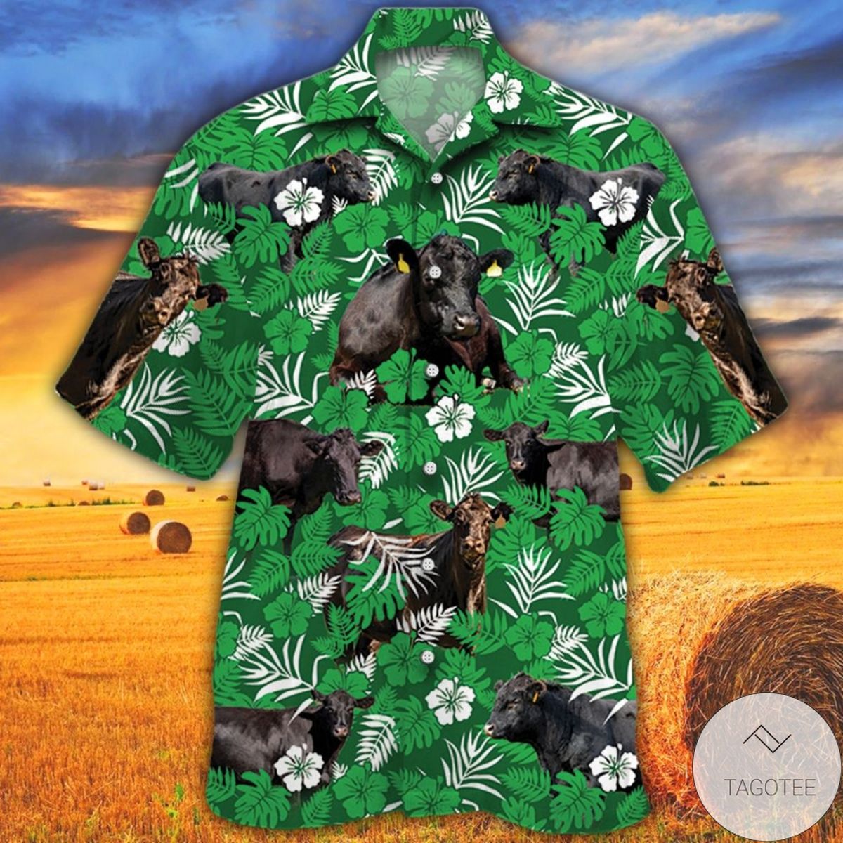 Black Angus Cattle Lovers Green Floral Pattern Hawaiian Shirt