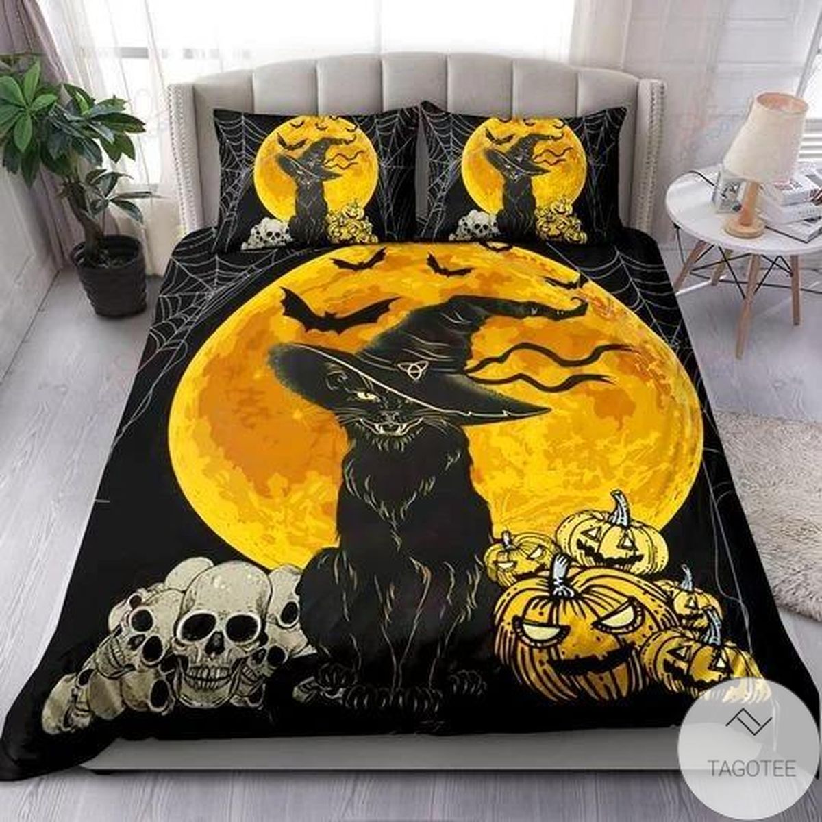Black Cat Pumpkin Skull Halloween Bedding Set