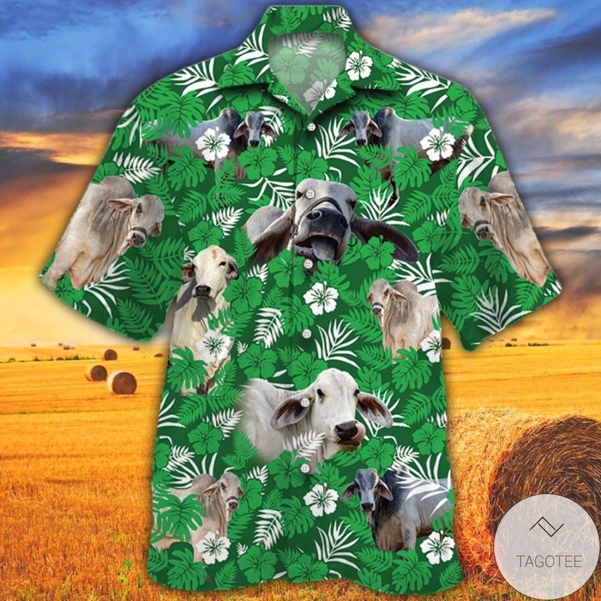 Brahman Cattle Lovers Green Floral Pattern Hawaiian Shirt