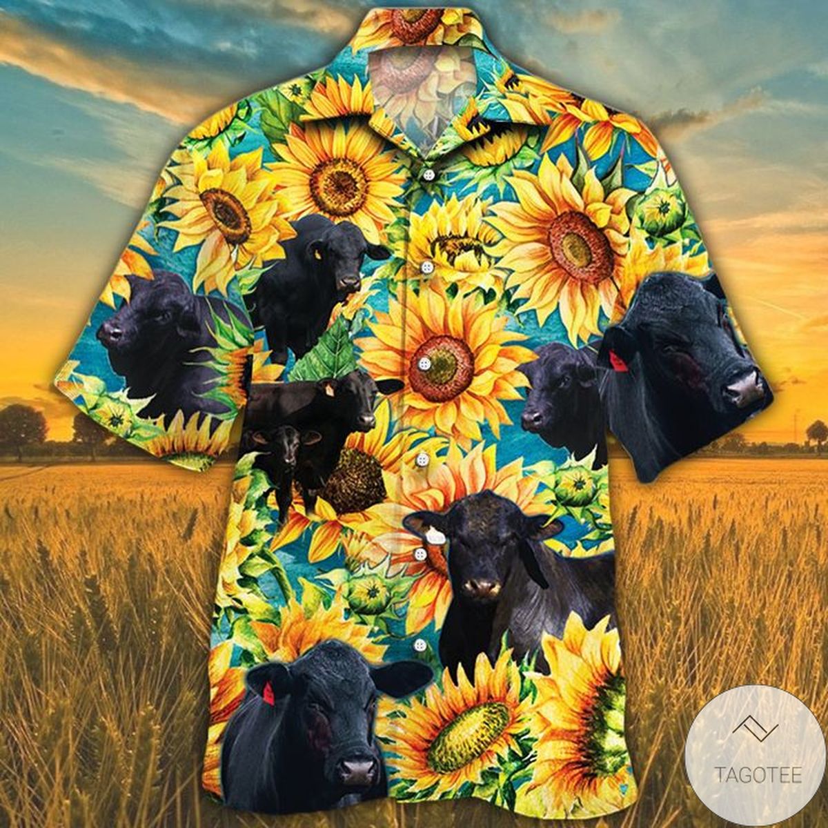 Brangus Cattle Lovers Sunflower Watercolor Hawaiian Shirt