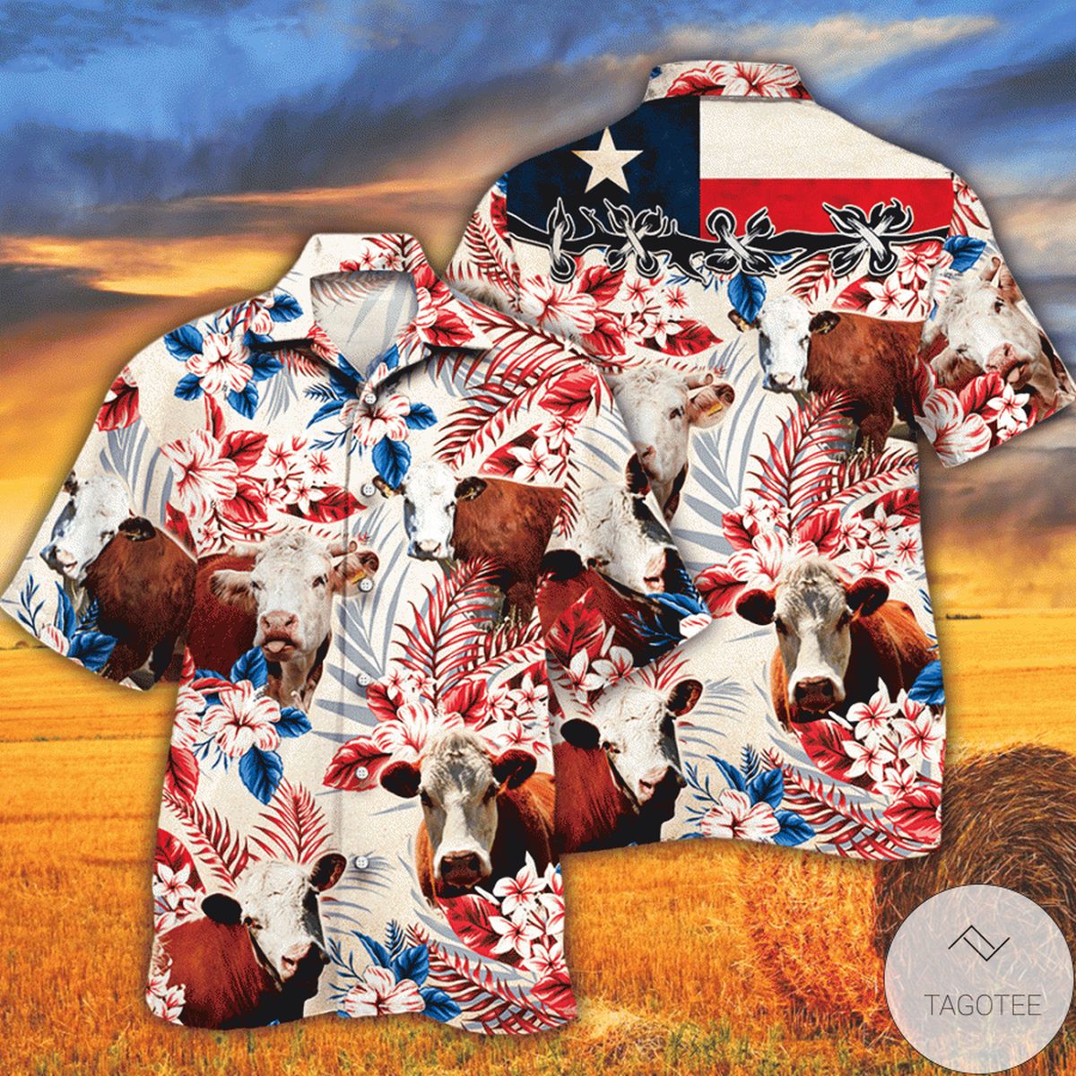 Hereford Cattle Lovers Texas Flag Hawaiian Shirt
