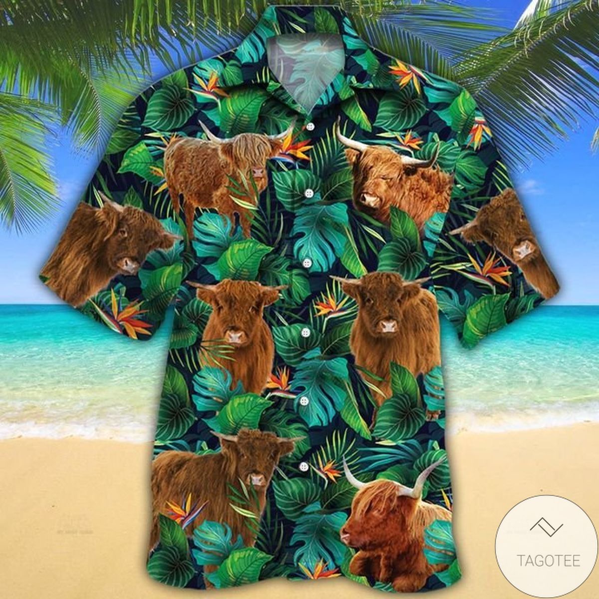 Highland Cattle Lovers Tropical Leaves Hawaiian Shirt