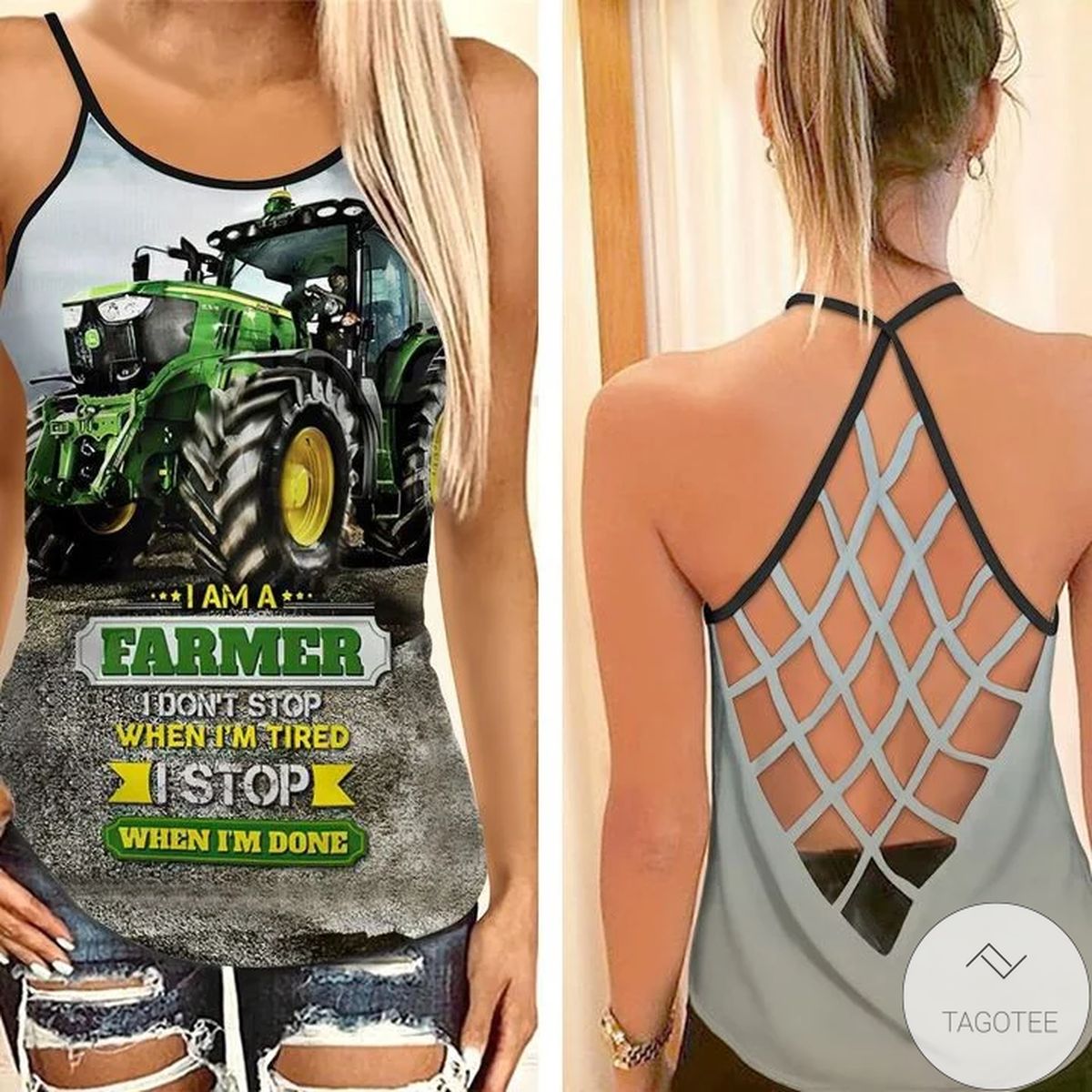 John Deere Tractor I'm A Farmer I Don't Stop When I'm Tired Criss Cross Tank Top