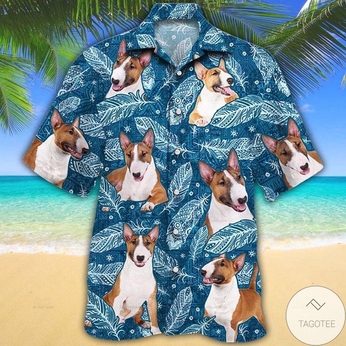 Miniature Bull Terrier Dog Lovers Blue Feather Hawaiian Shirt