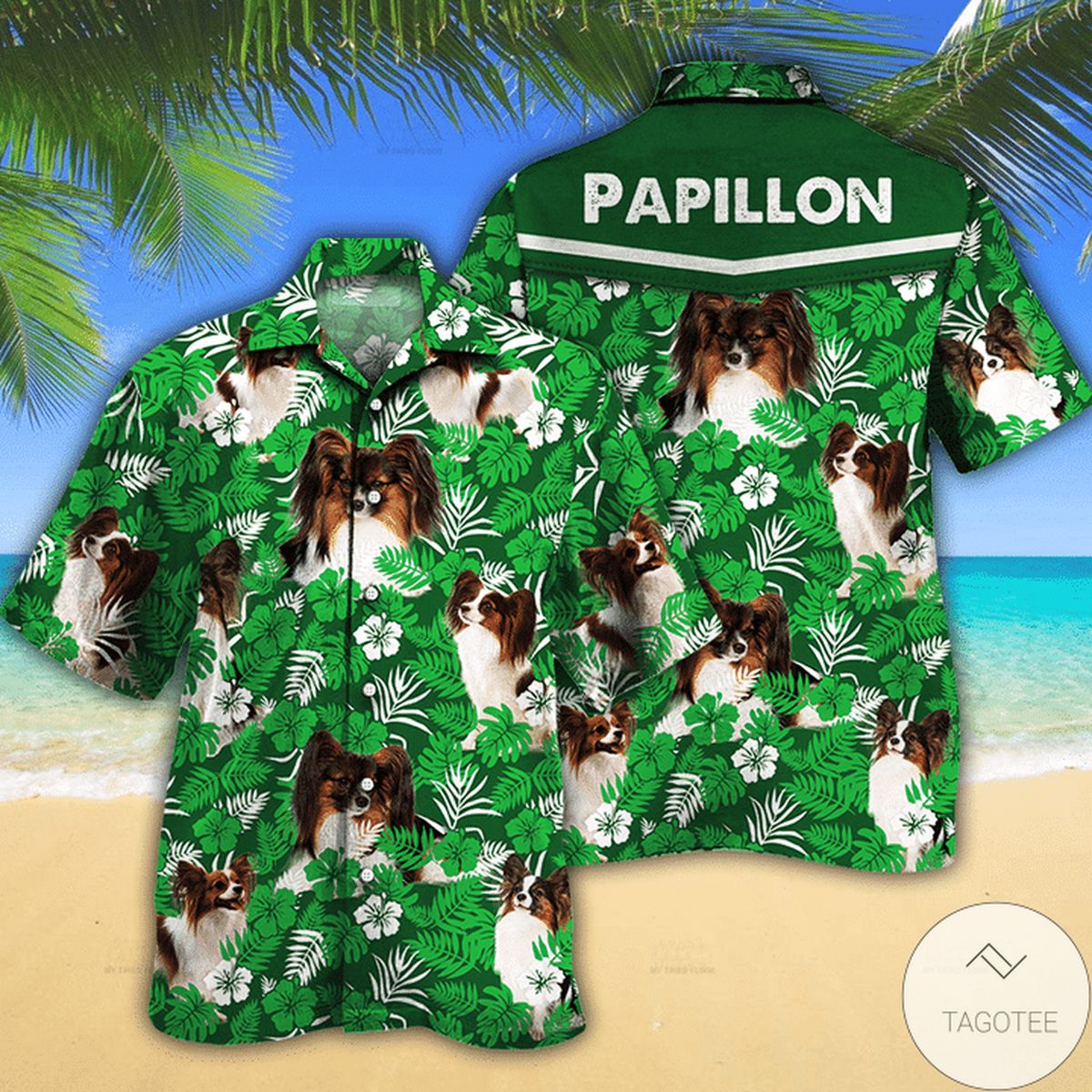 Papillon Dog Lovers Green Floral Pattern Hawaiian Shirt