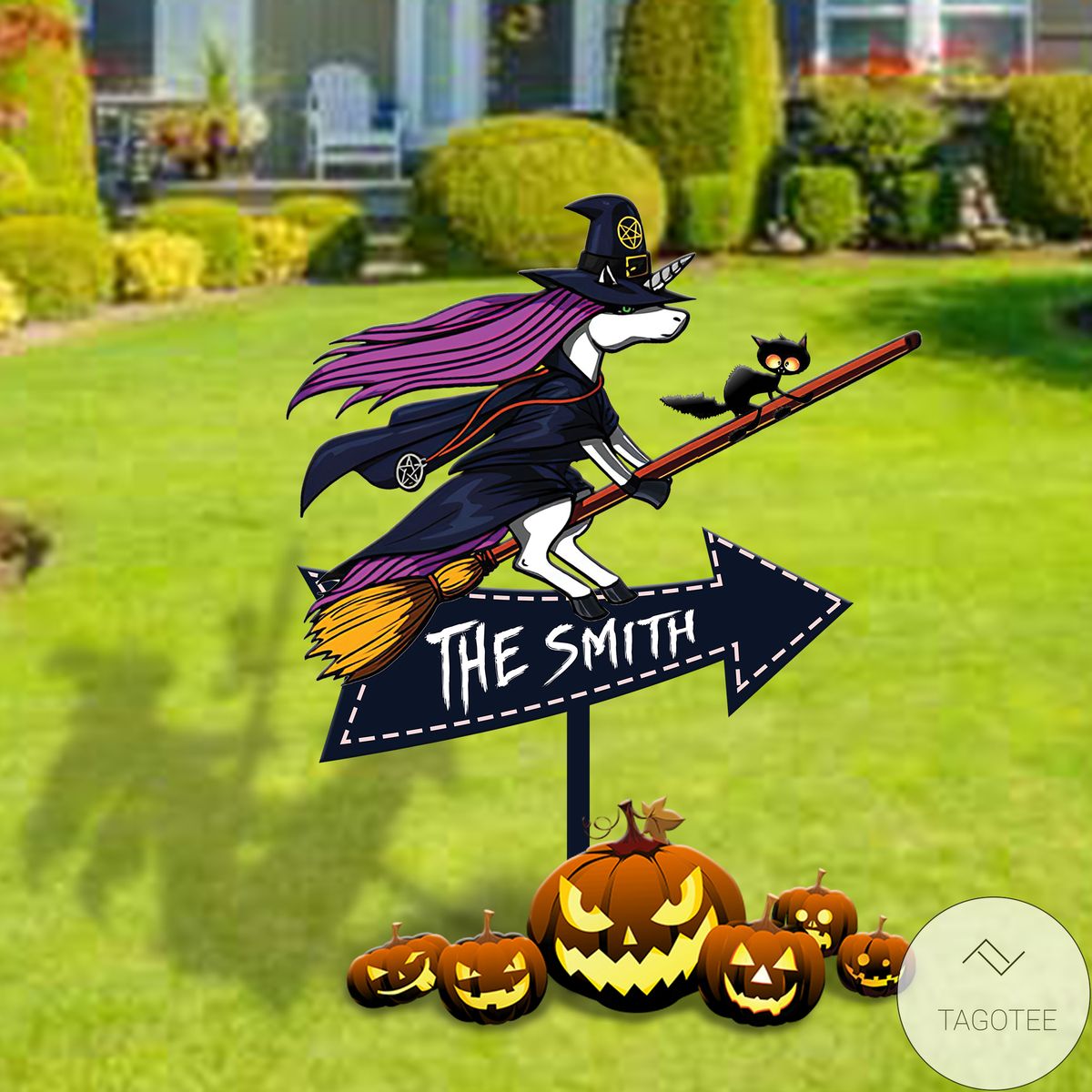 Personalized Halloween Unicorn Witch On Broom With Cat Yard Sign