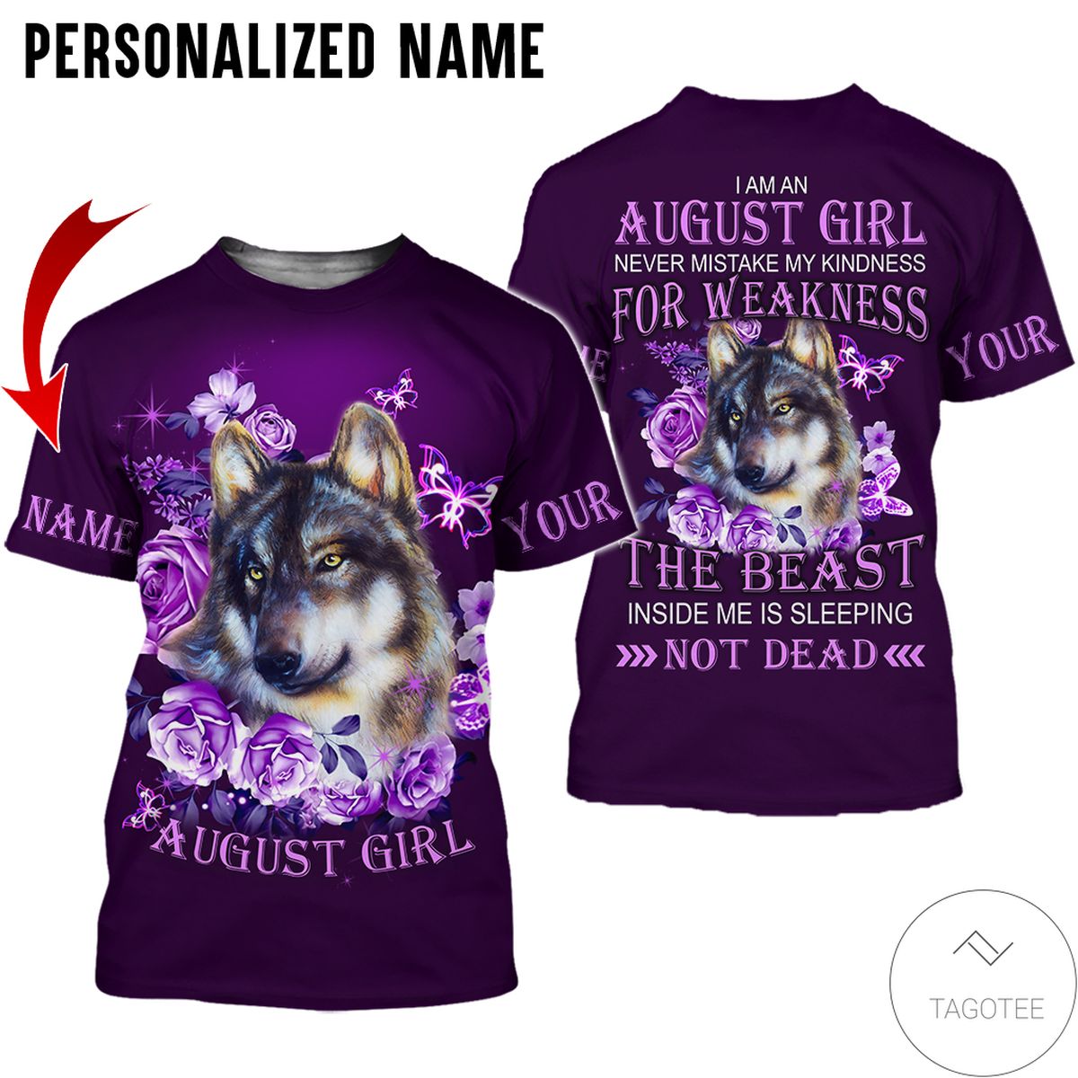 Personalized Name August Girl Wolf Purple All Over Print Hoodie