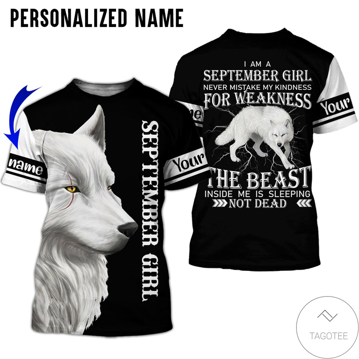 Personalized Name September Girl Never Mistake My Kindness White Wolf All Over Print Hoodie