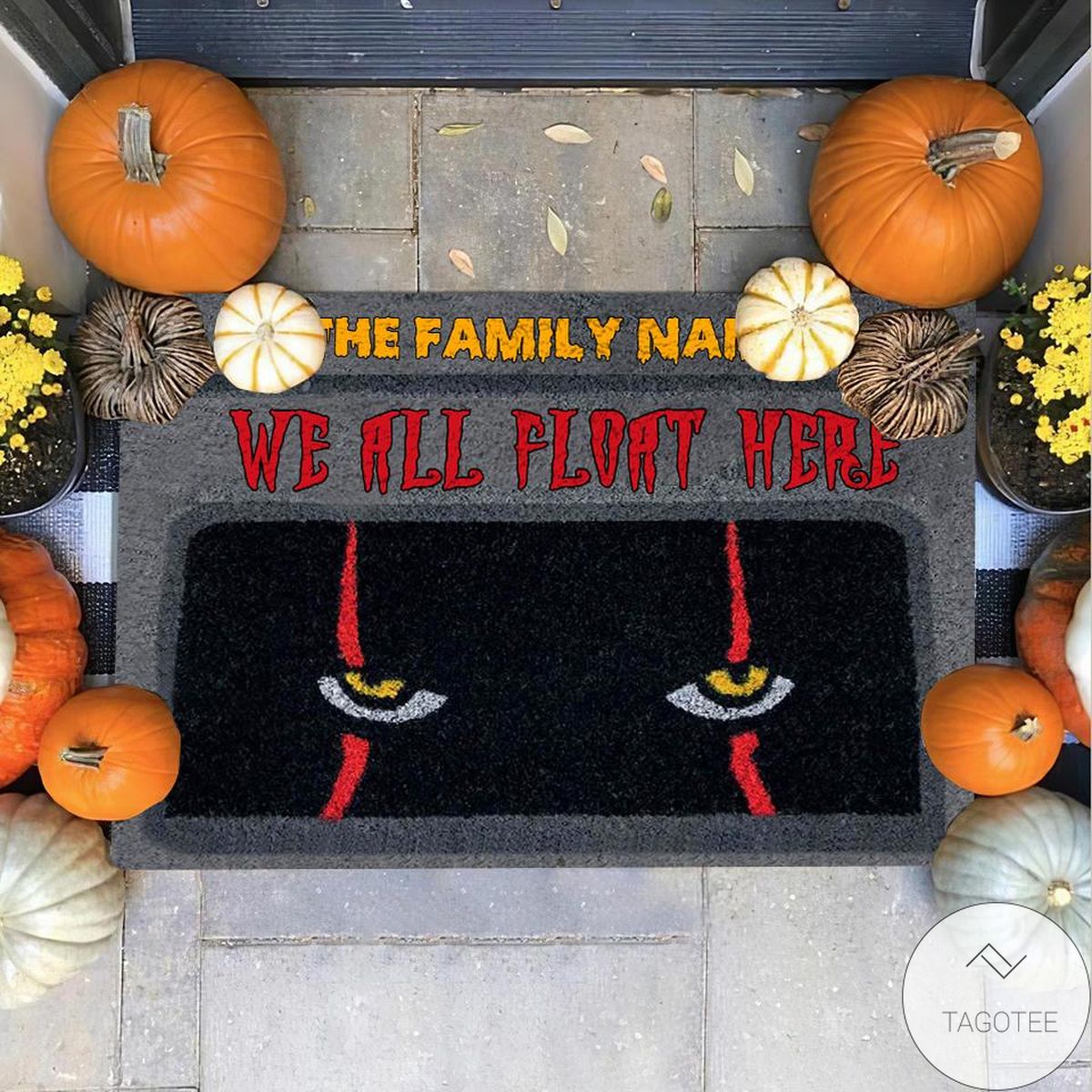 Personalized We All Float Here Halloween Doormat