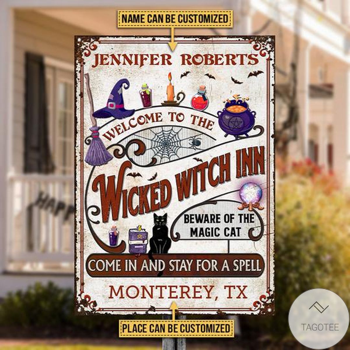 Personalized Witch Inn Black Cat Stay For A Spell Classic Metal Signs