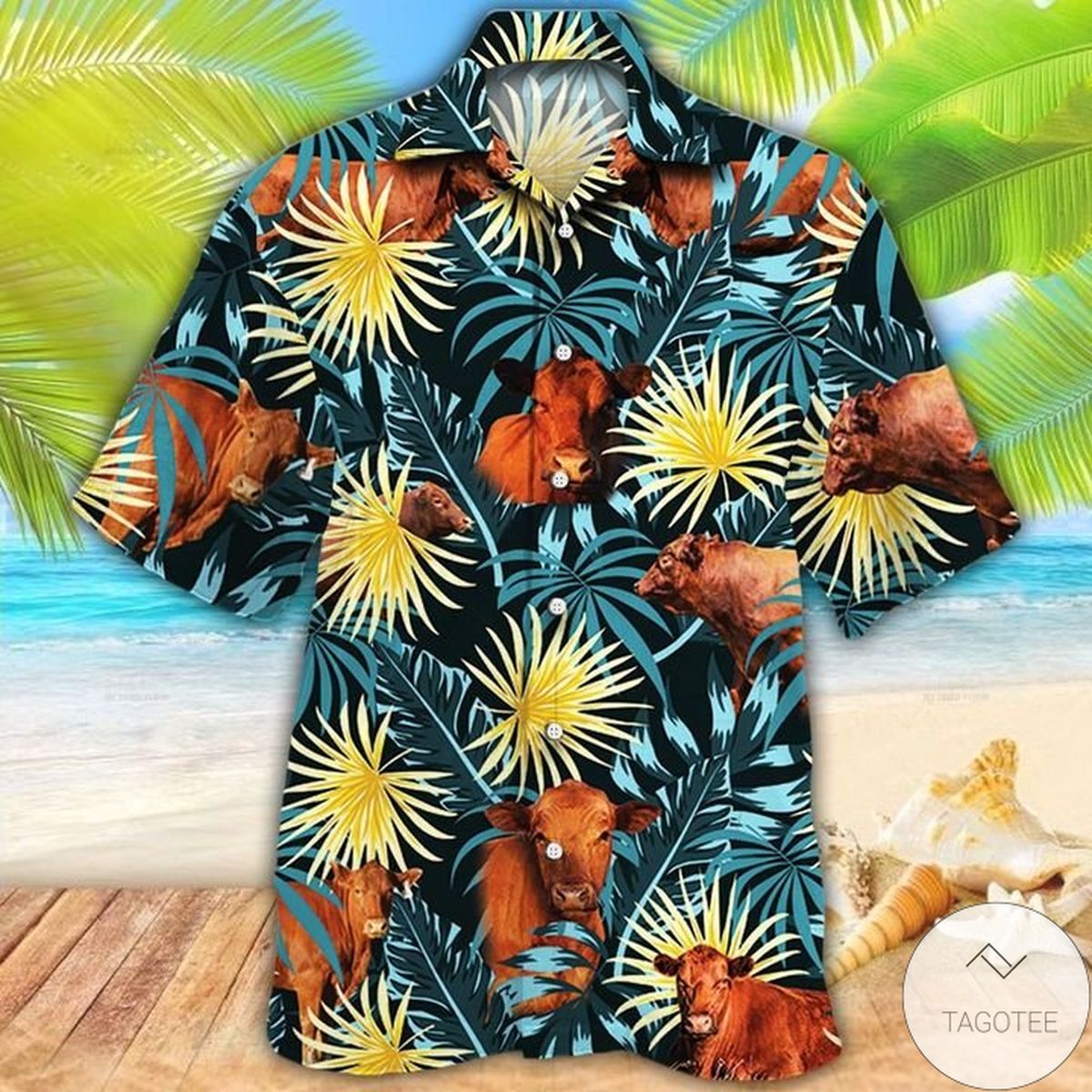 Red Angus Cattle Lovers Blue And Yellow Plants Hawaiian Shirt