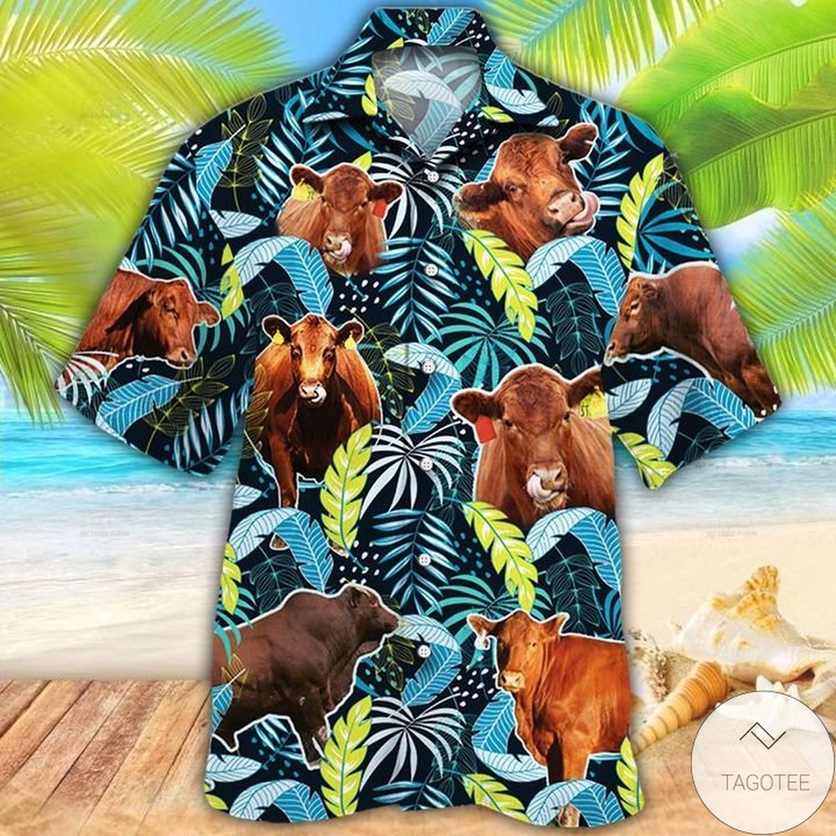 Red Angus Cattle Lovers Jungle Leaves Hawaiian Shirt