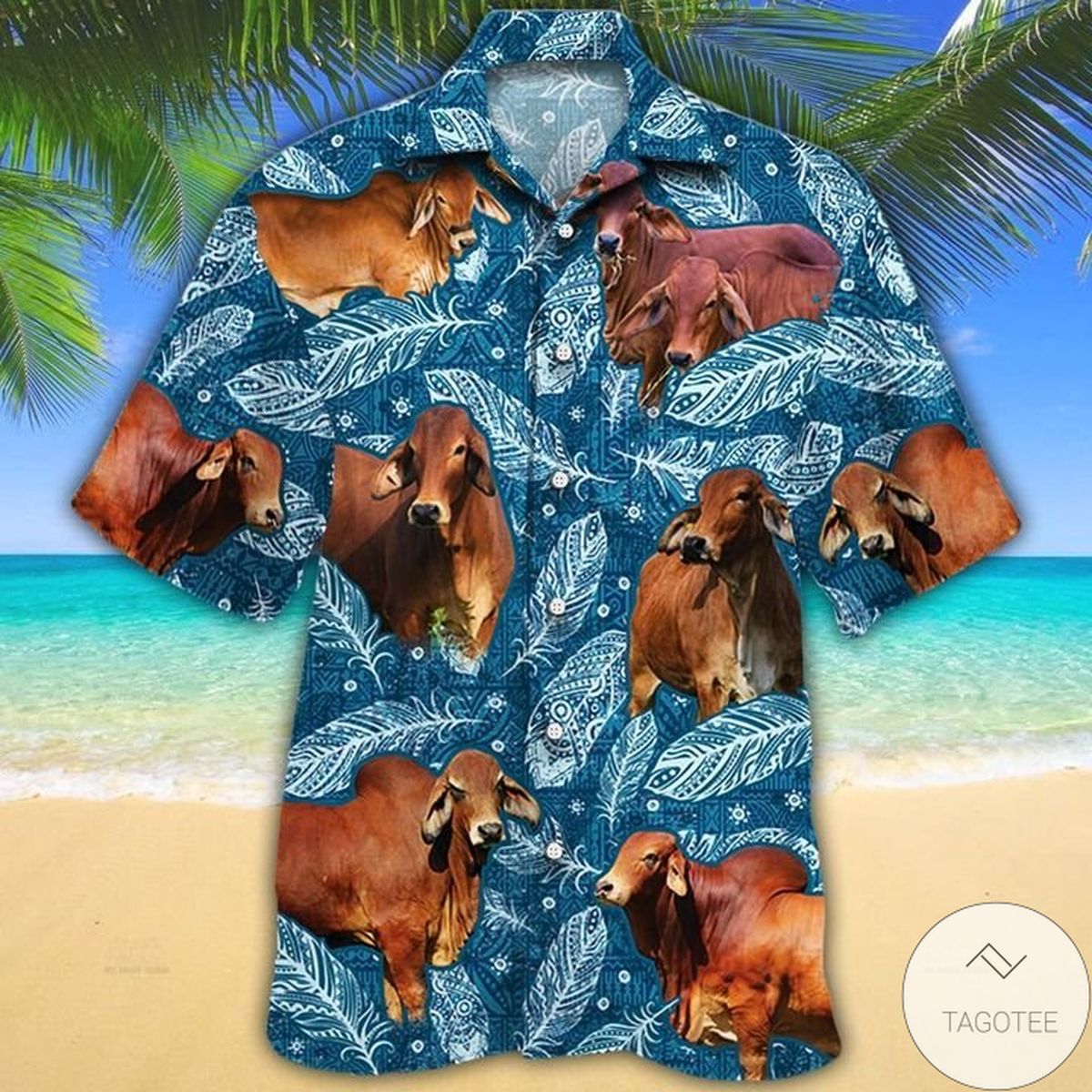 Red Brahman Cattle Lovers Blue Feather Hawaiian Shirt