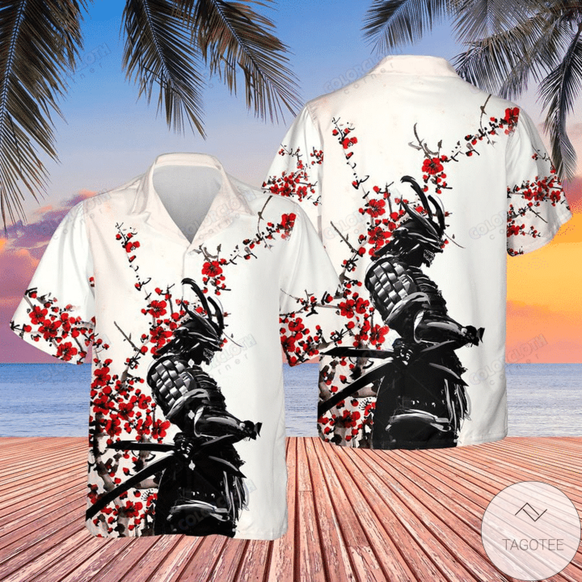 Samurai Warrior Red Flower Hawaiian Shirt