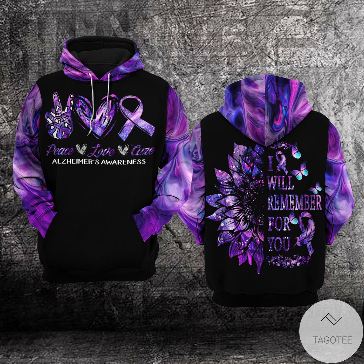 Alzheimer's Awareness Peace Love Cure I Will Remember For You Sunflower Hoodie