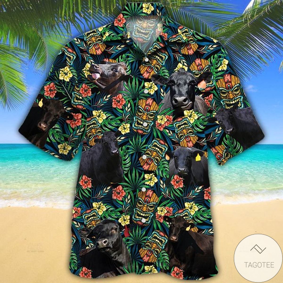 Black Angus Cattle Lovers Tribal Tiki Mask Hawaiian Shirt
