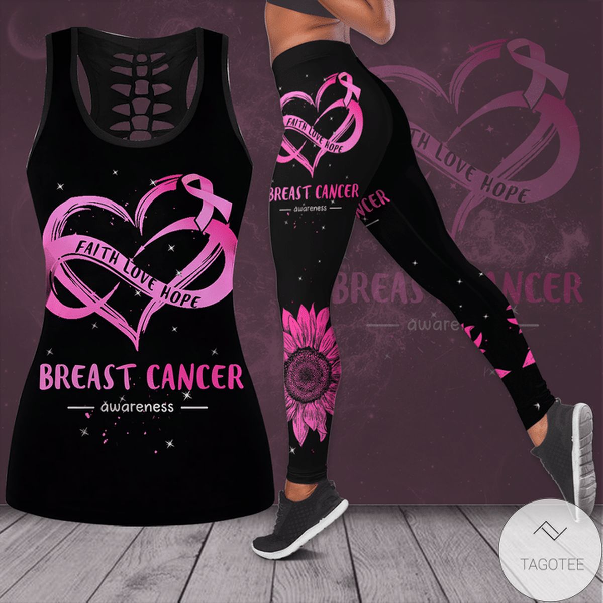 Breast Cancer Awareness Faith Love Hope Hollow Tank Top & Leggings Set