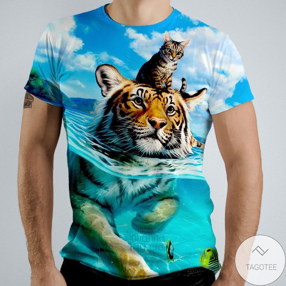 Cat & Tiger Swimming 3d Graphic Printed Short Sleeve Shirt