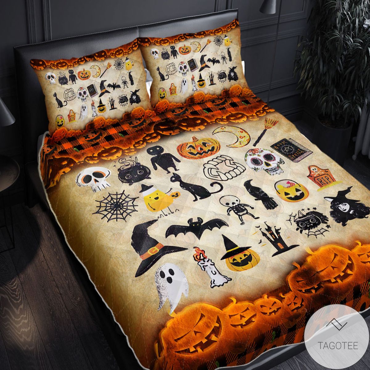 Halloween Pumpkin Witch Ghost Black Cat Quilt Bedding Set