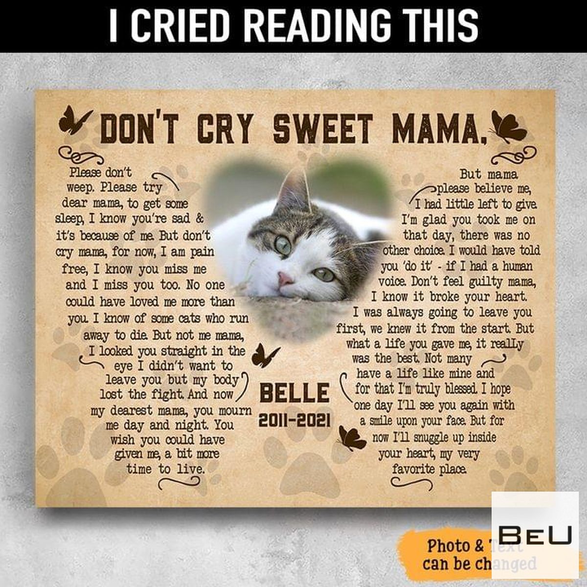Personalized Cat Pet Memory Don't Cry Sweet Mama Poster