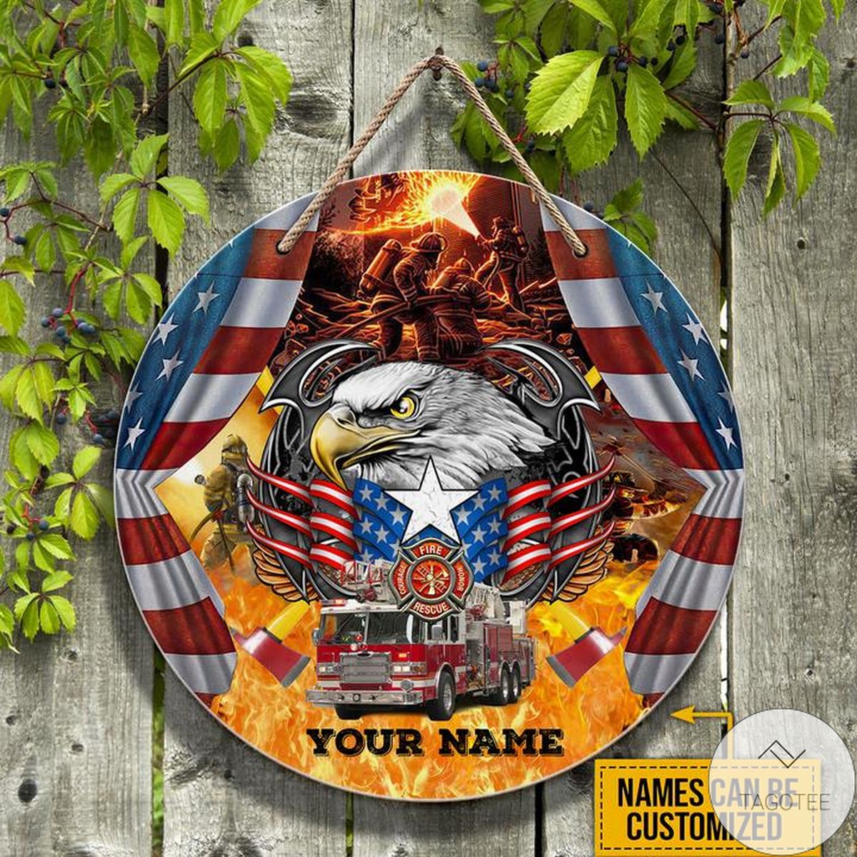 Personalized Firefighter Eagle Round Wooden Sign