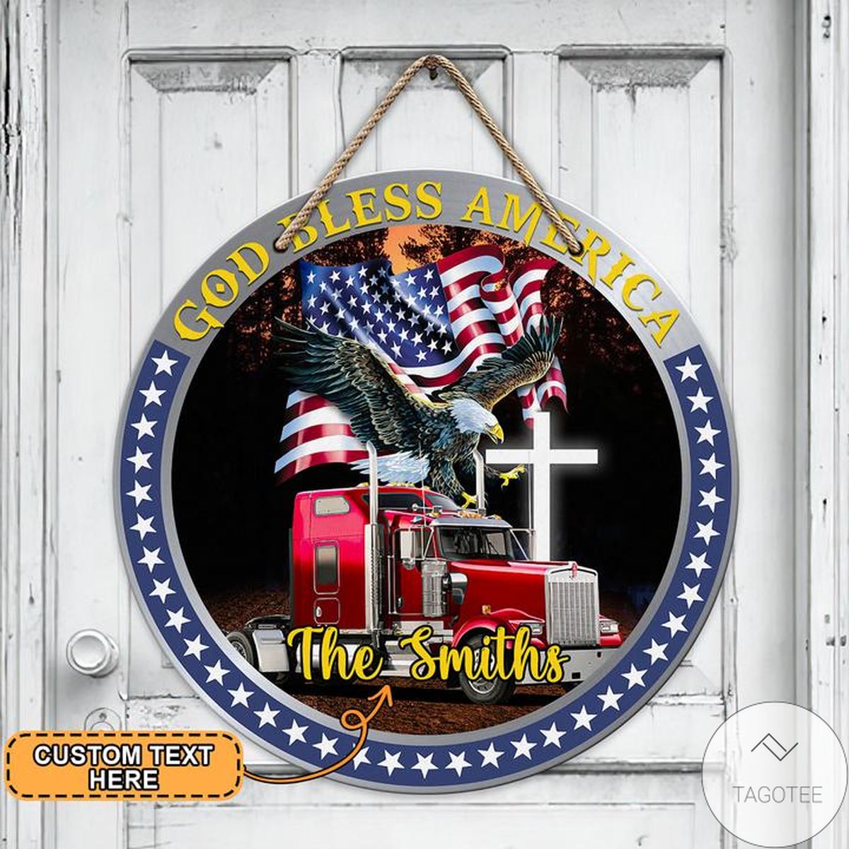 Personalized God Bless America Truck Driver Round Wooden Sign
