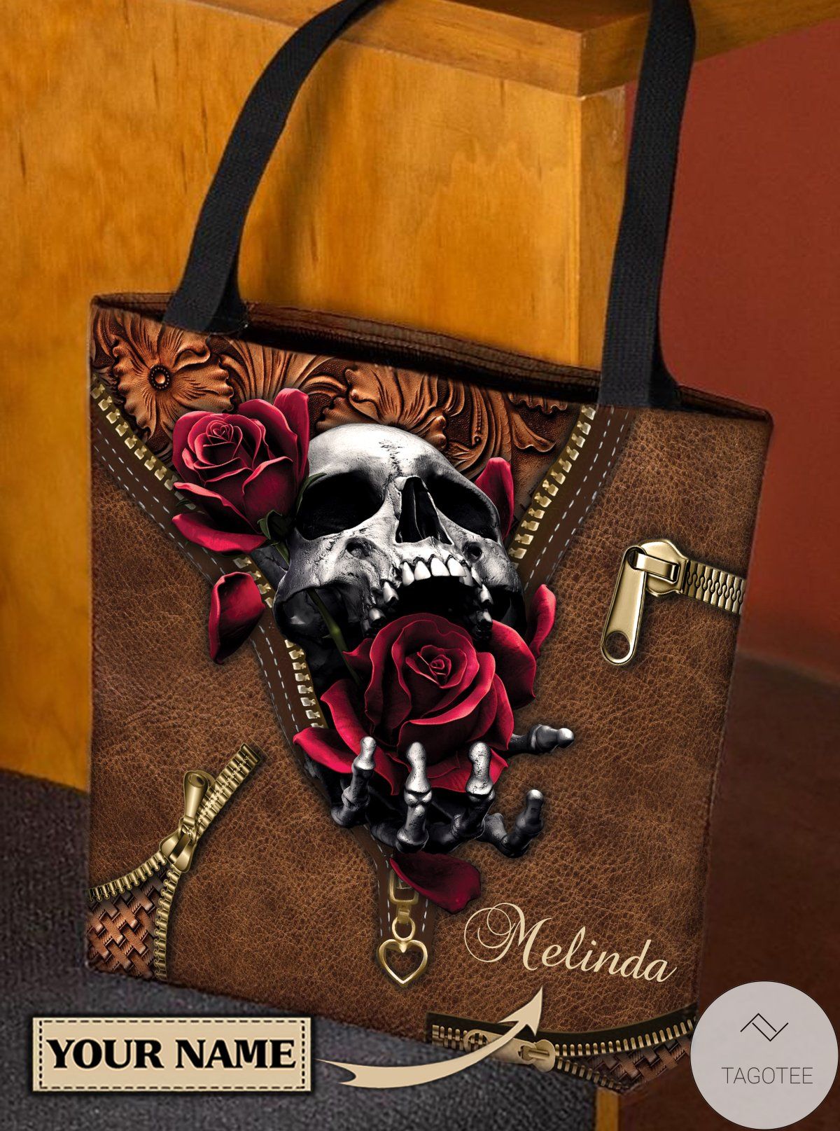 Personalized Skull Rose Leather Print Tote Bag