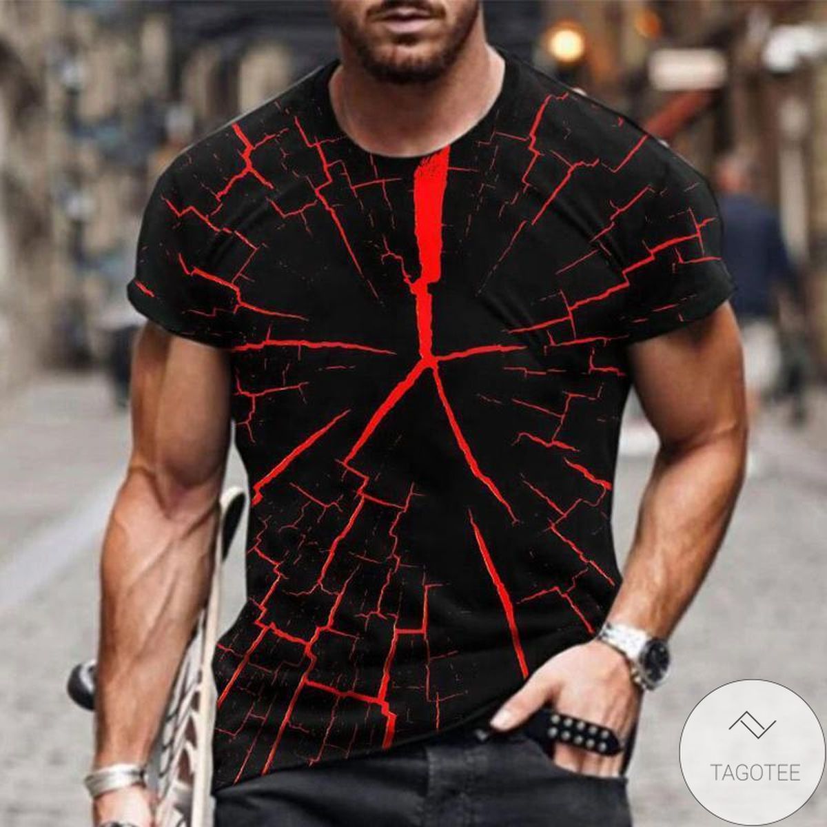 Red Lightning 3d Graphic Printed Short Sleeve Shirt