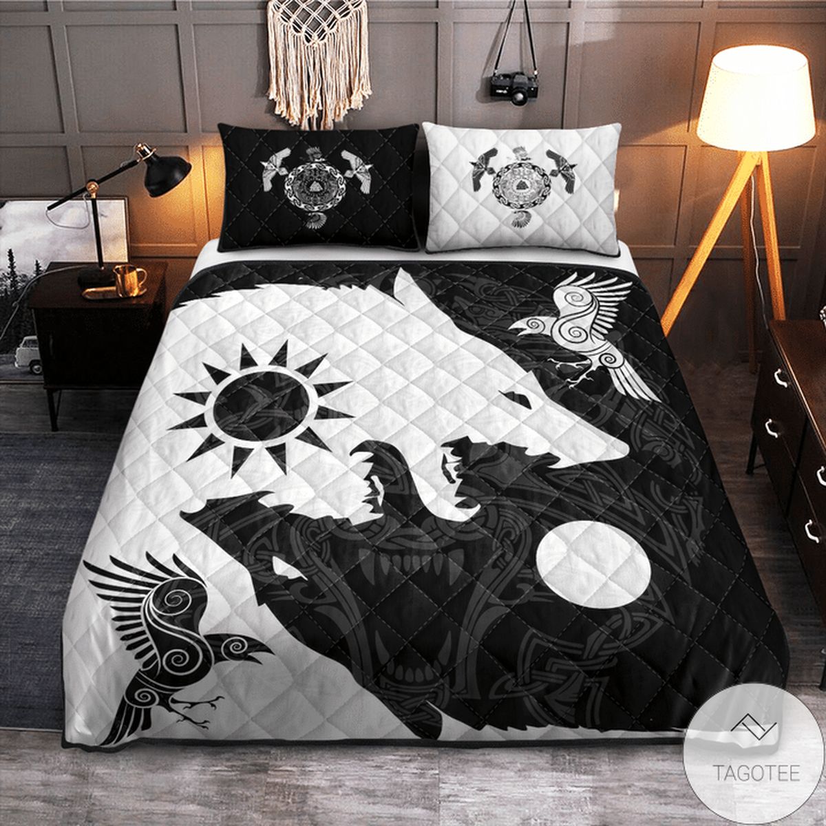 Yin Yang Wolf And Raven Viking Quilt Bedding Set