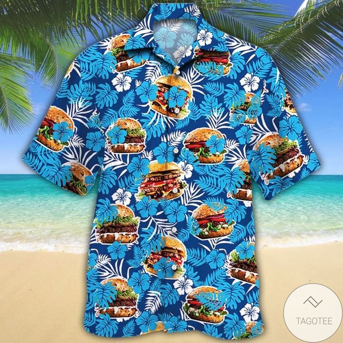 Burger Lovers Blue Floral Hawaiian Shirt