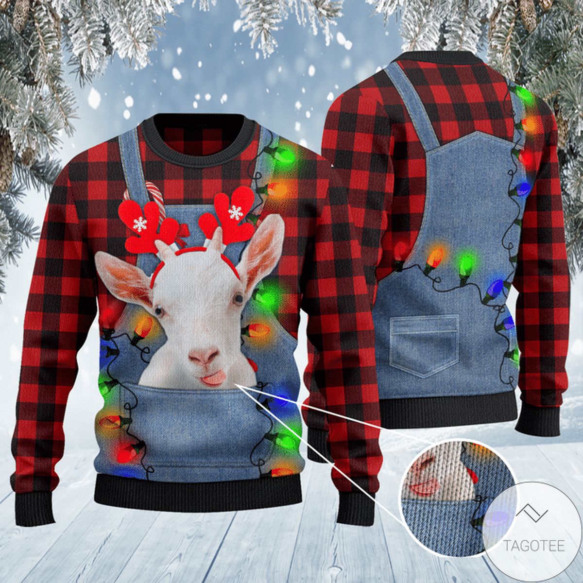 Goat Lovers Red Plaid Shirt And Denim Bib Overalls Ugly Christmas Sweater