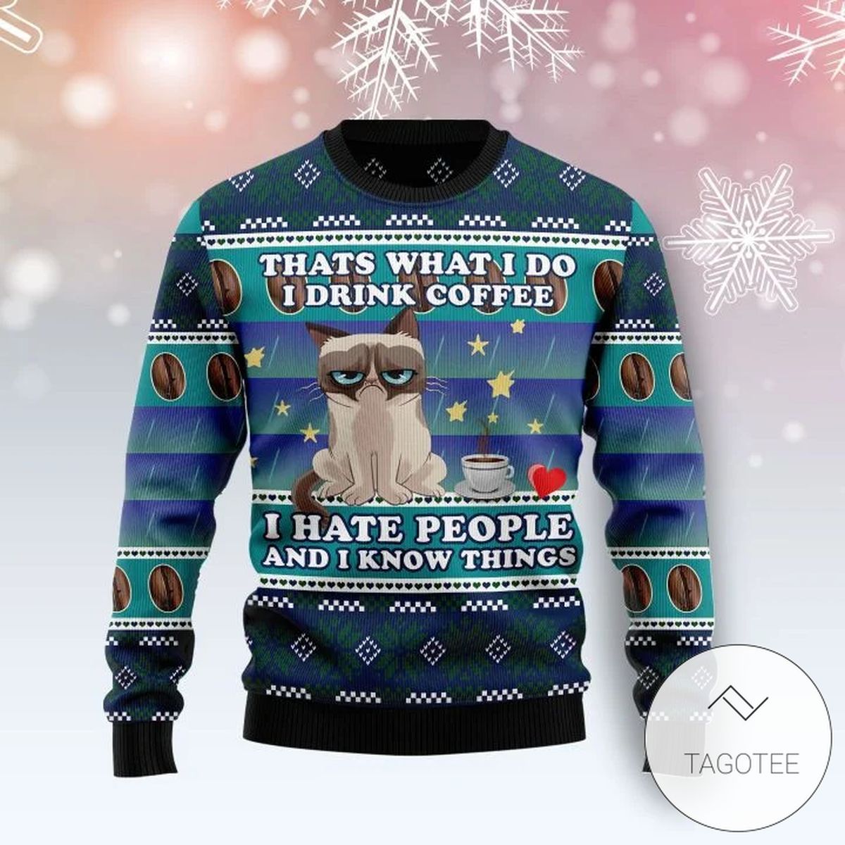Grumpy Cat Coffee Sweatshirt Knitted Ugly Christmas Sweater