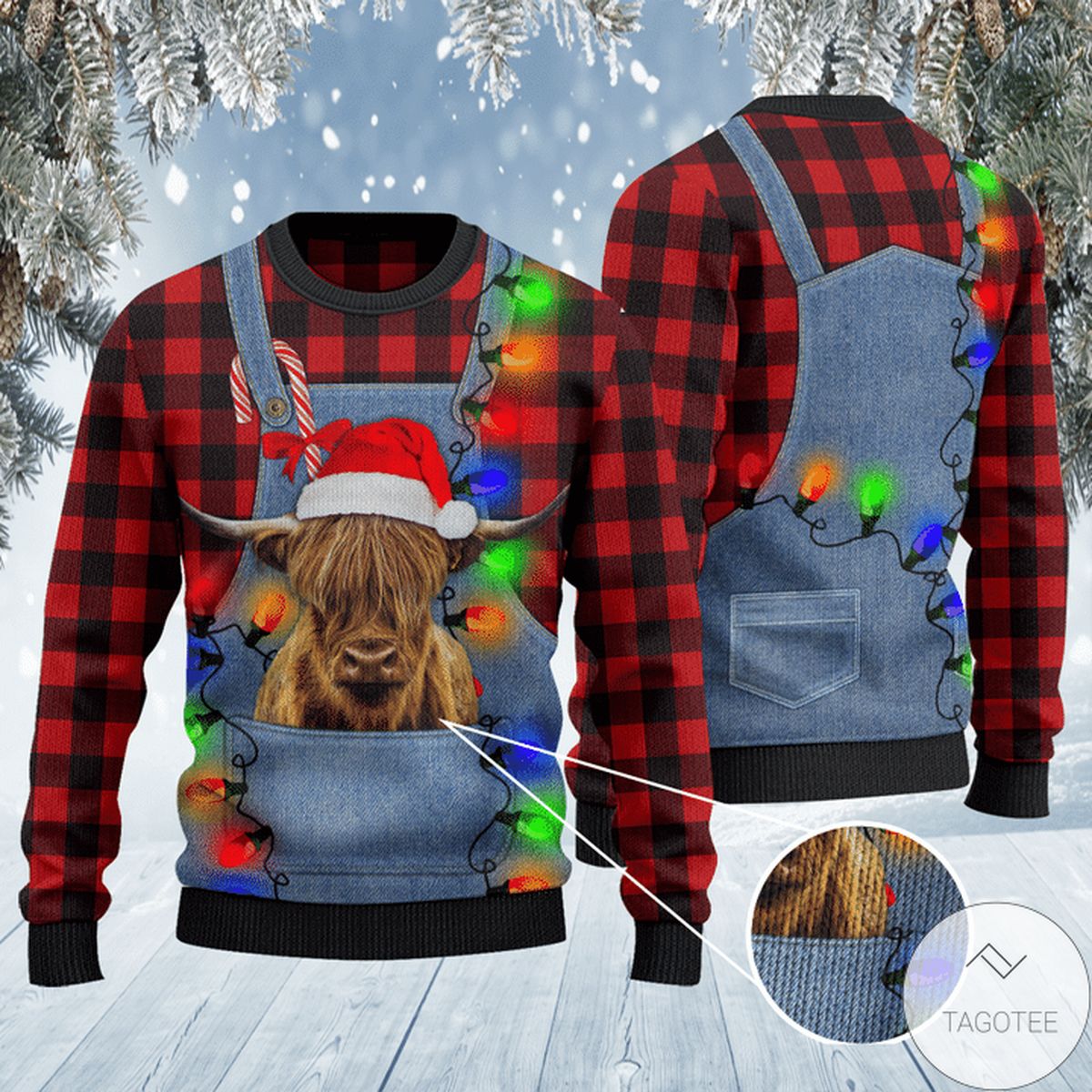 Highland Cattle Lovers Red Plaid Shirt And Denim Bib Overalls Ugly Christmas Sweater