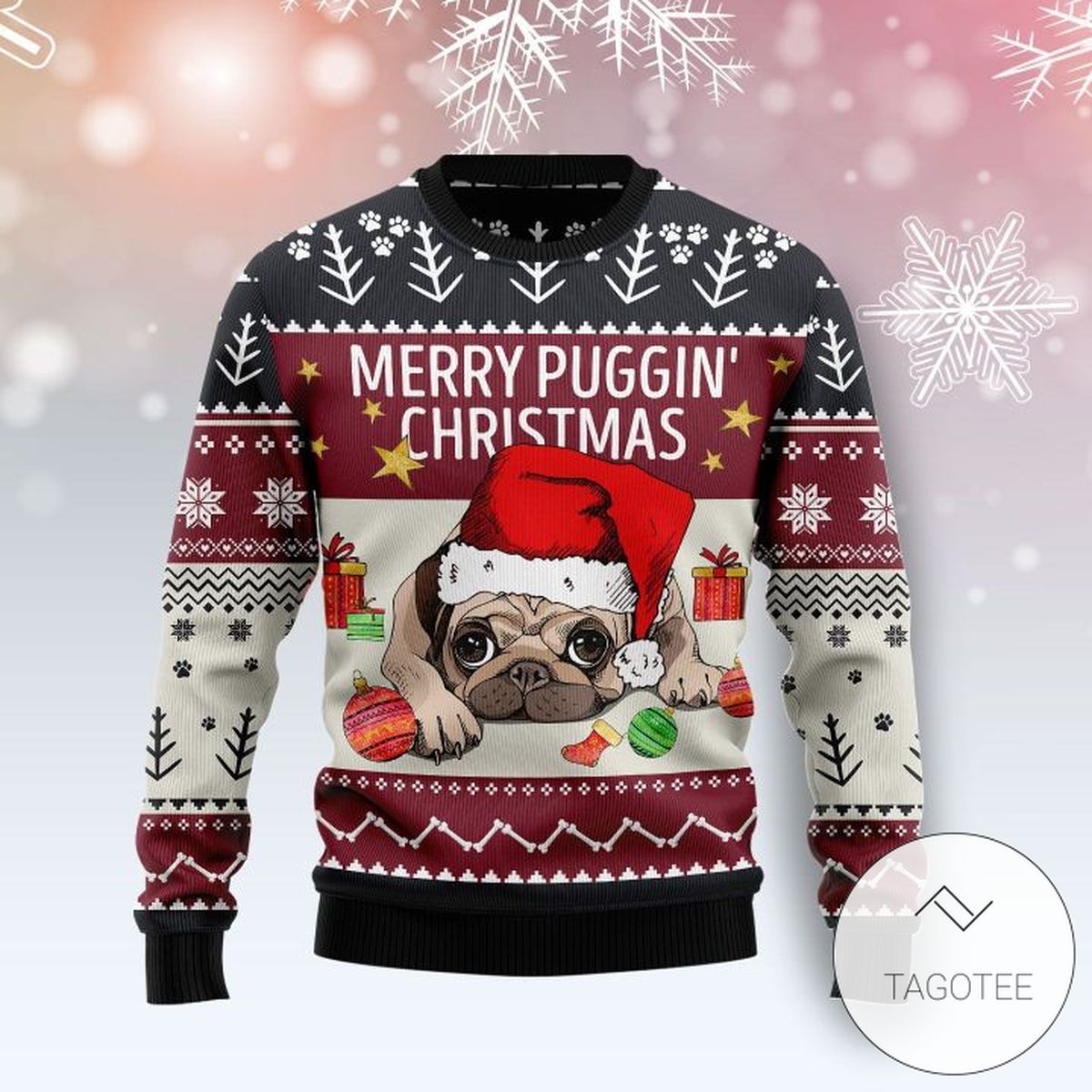 Merry Puggin' Christmas For Unisex Sweatshirt Knitted Ugly Christmas Sweater