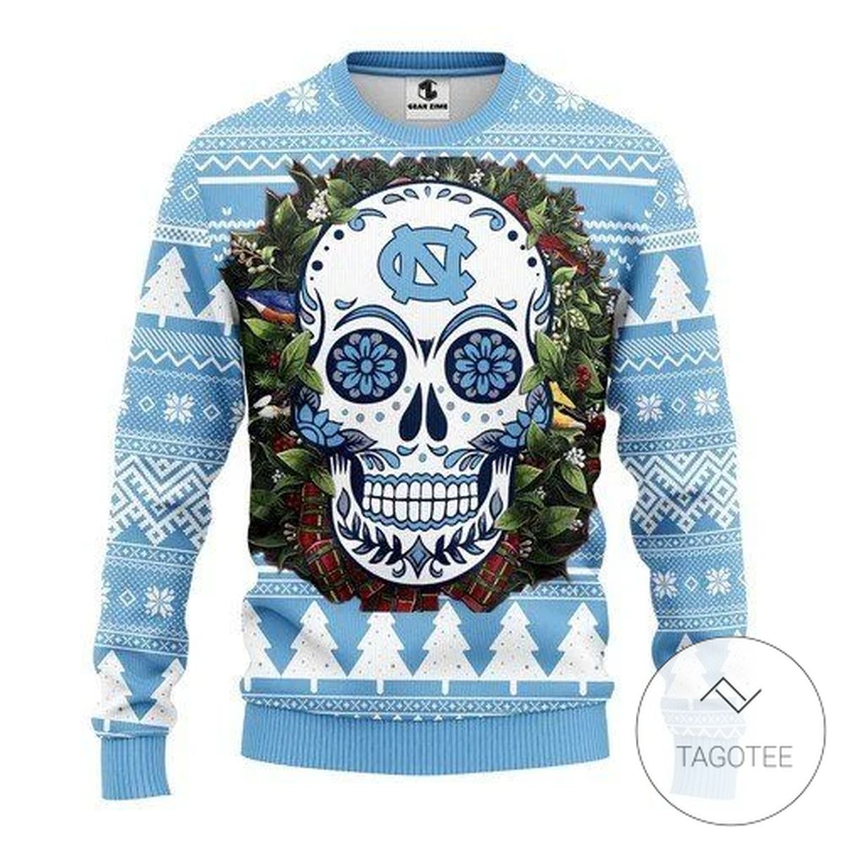 Ncaa North Carolina Tar Heels Skull Flower Sweatshirt Knitted Ugly Christmas Sweater