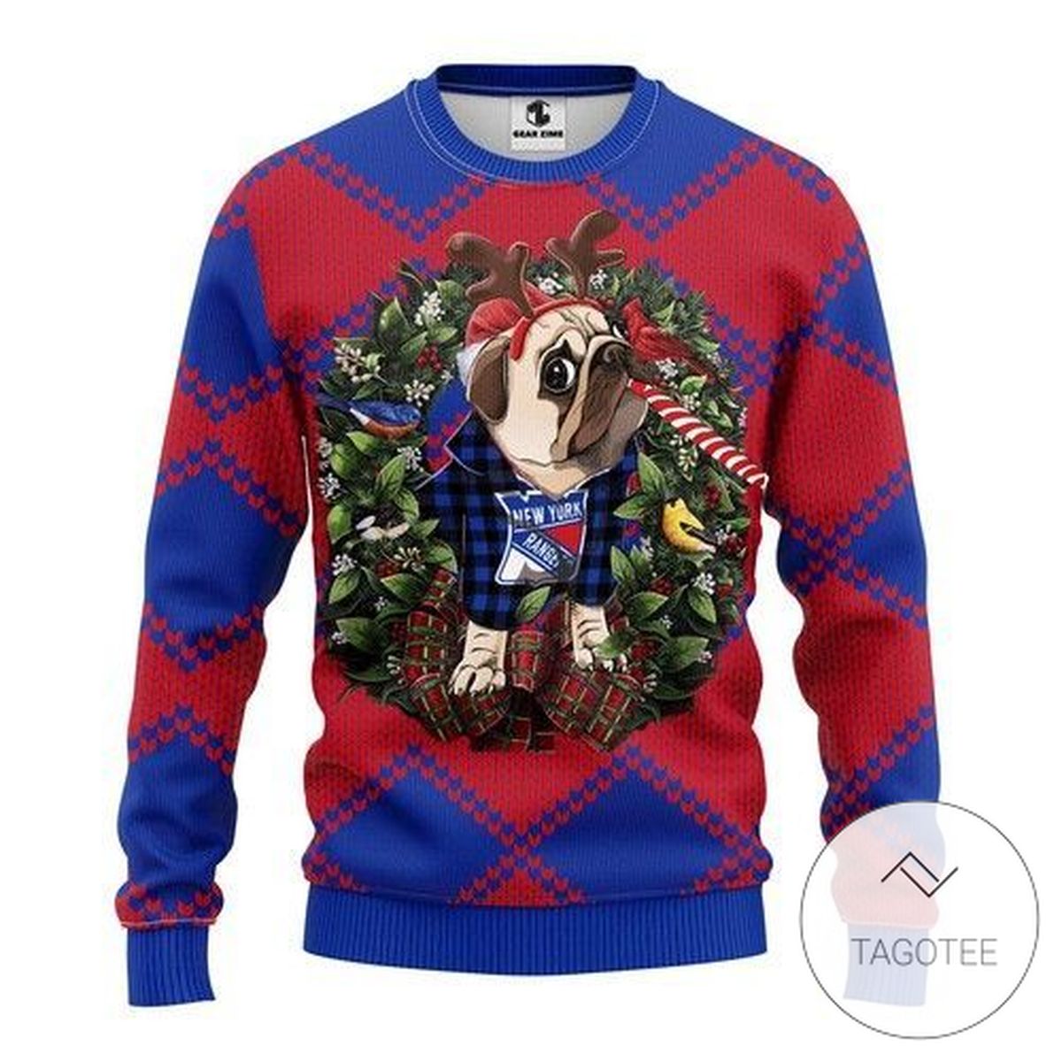 Nhl New York Rangers Pug Dog Sweatshirt Knitted Ugly Christmas Sweater