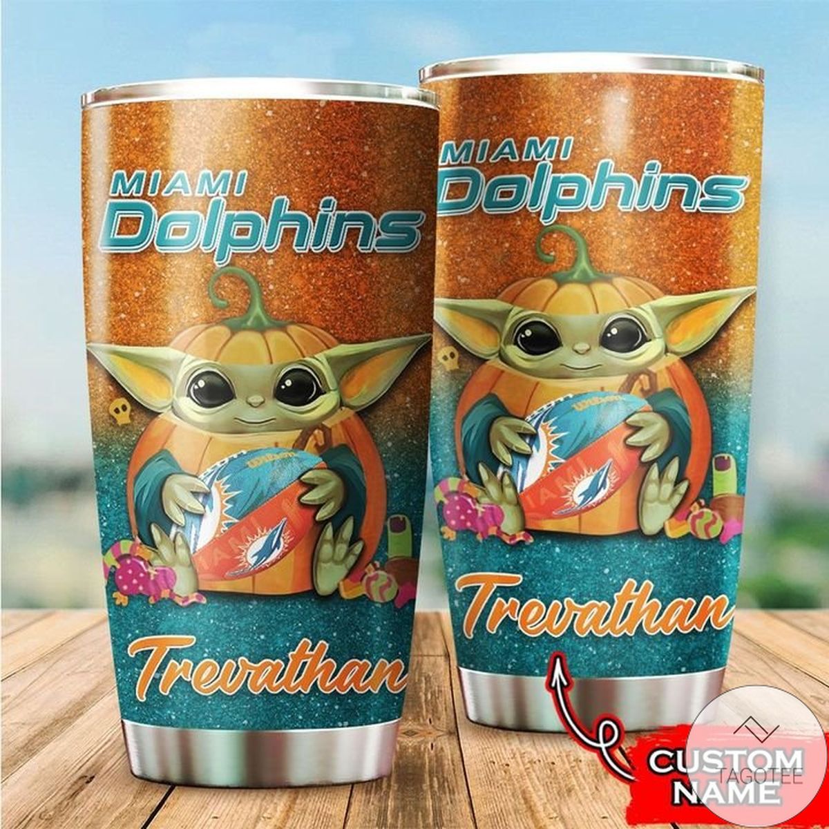 Personalized NFL Miami Dolphins Baby Yoda Tumbler Cup Custom name
