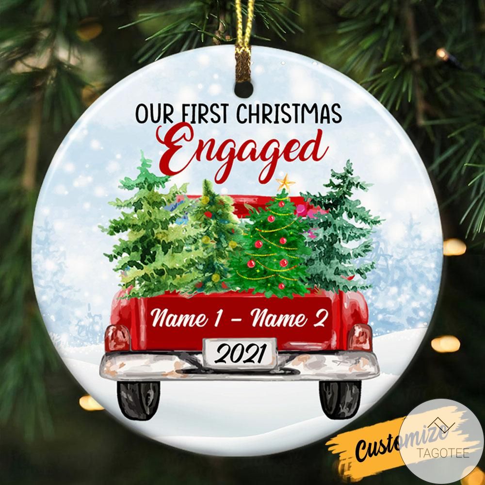 Personalized Our First Christmas Engaged Couple Red Truck Christmas Ornament