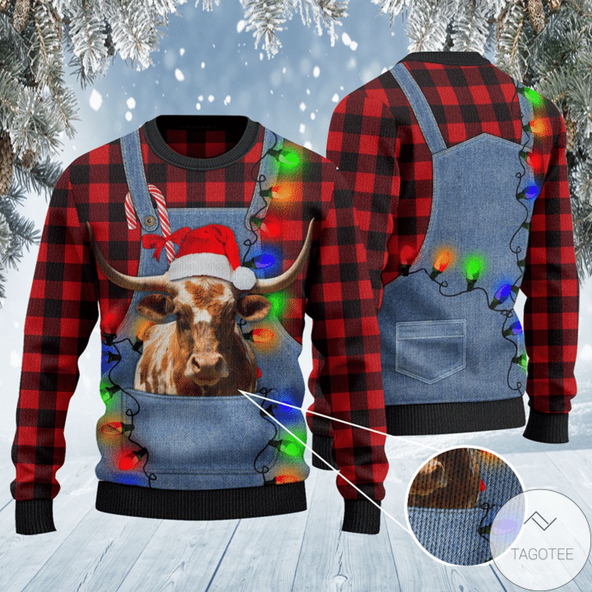 Texas Longhorn Cattle Lovers Red Plaid Shirt And Denim Bib Overalls Ugly Christmas Sweater